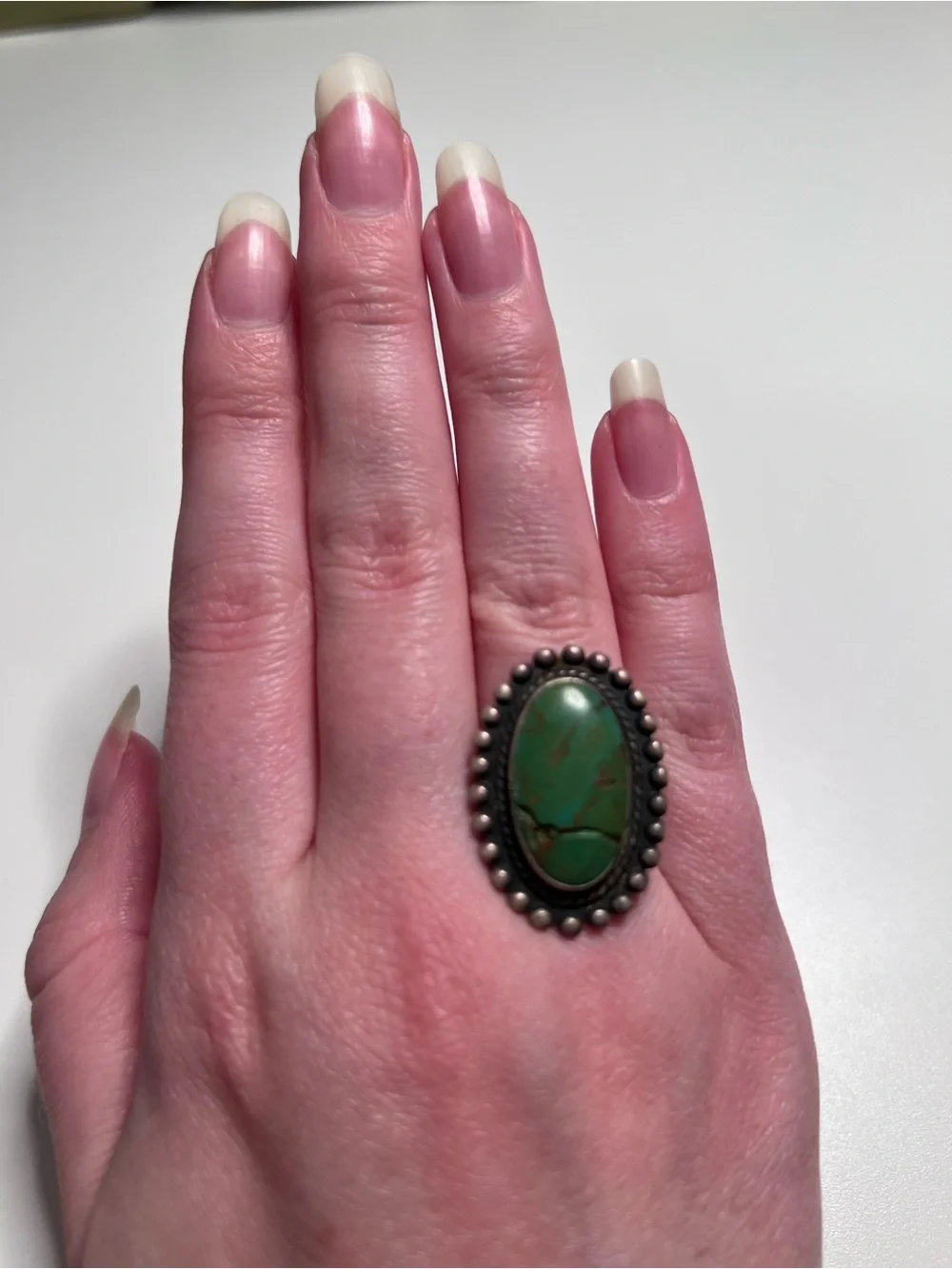 925 Sterling Silver Oval Green Turquoise Bezel Set Southwestern Ring Size 6.5